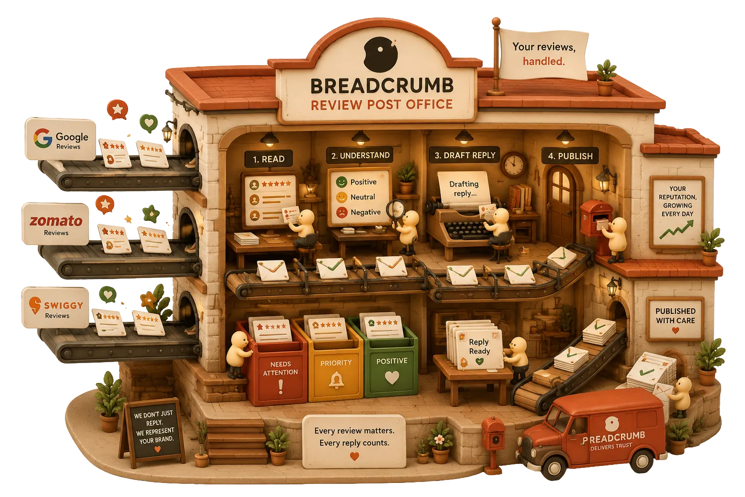 Breadcrumb Review Post Office — reviews flow from Google, Zomato and Swiggy through reading, understanding, drafting and publishing